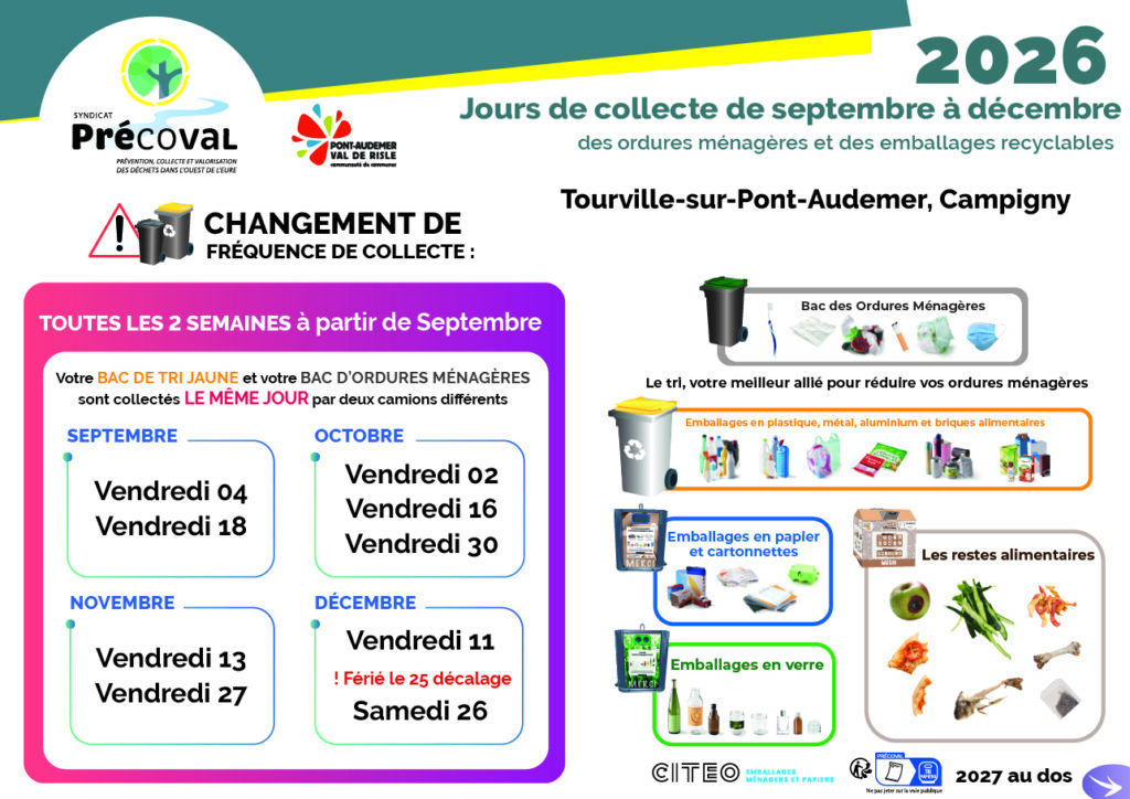 6 - Tourville - Campigny jours de collecte à partir de septembre jusqu'en décembre 2026